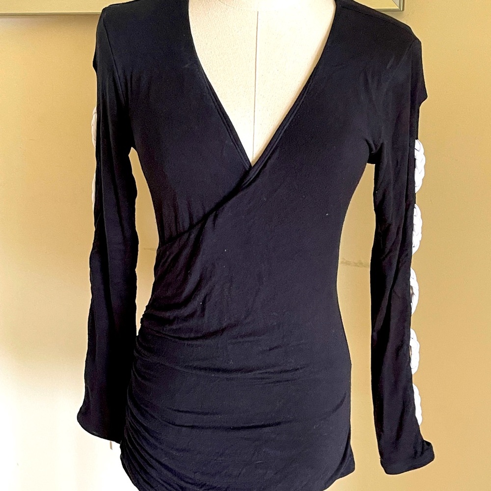 Sky Couture Ruched Sweater with White Knitted Sides on Sleeves